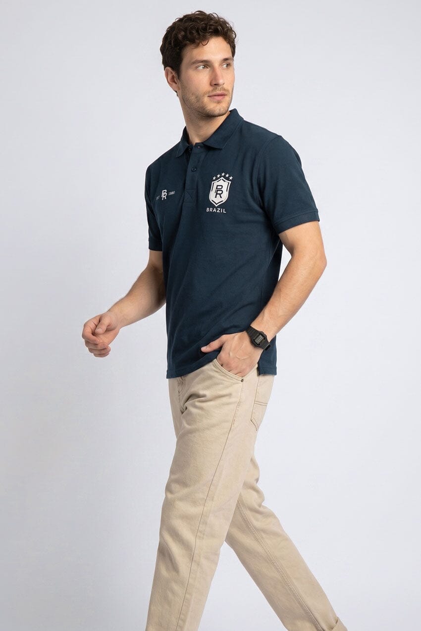 Easyhy 'BRAZIL' Football Heritage Polo Shirt, Navy/White"