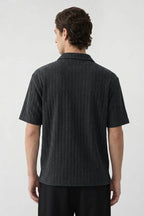 Quarter-Zip Ribbed Knit Polo Shirt in Charcoal