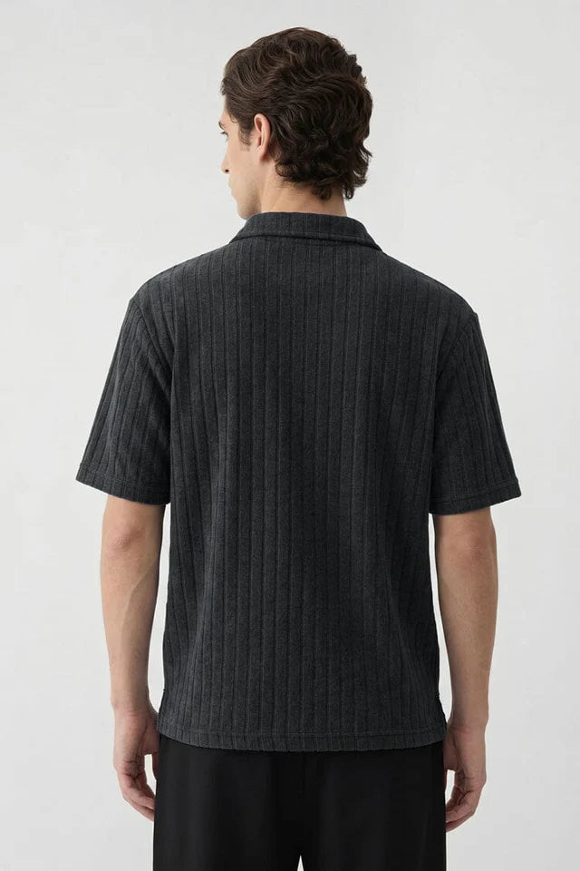 Quarter-Zip Ribbed Knit Polo Shirt in Charcoal
