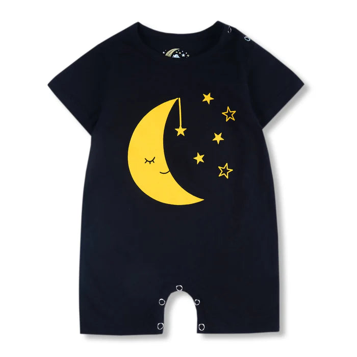Baby Short-Body Printed Cotton Romper Moon & Stars Black WC - Mini Charm