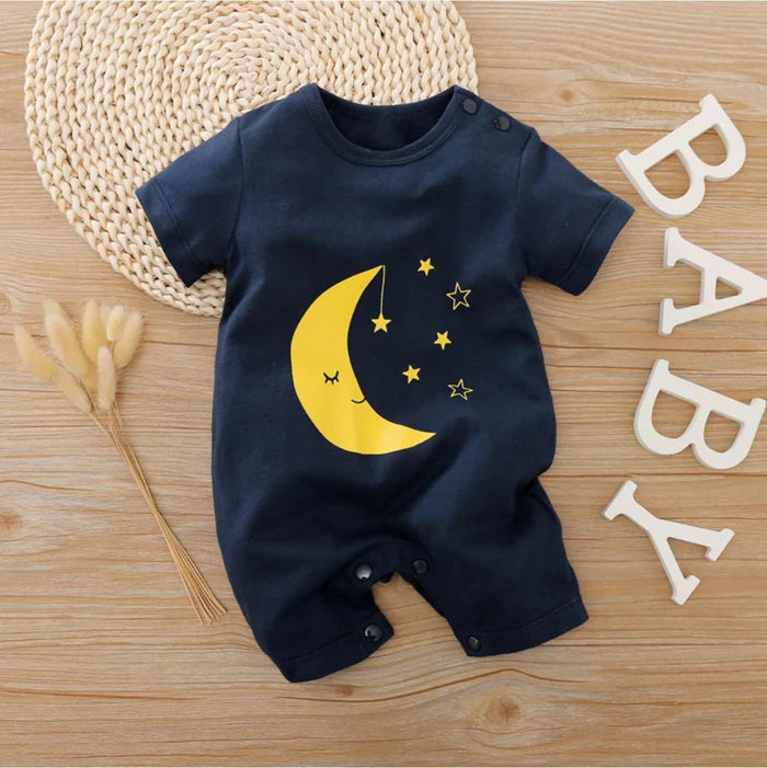 Baby Short-Body Printed Cotton Romper Moon & Stars Black WC - Mini Charm