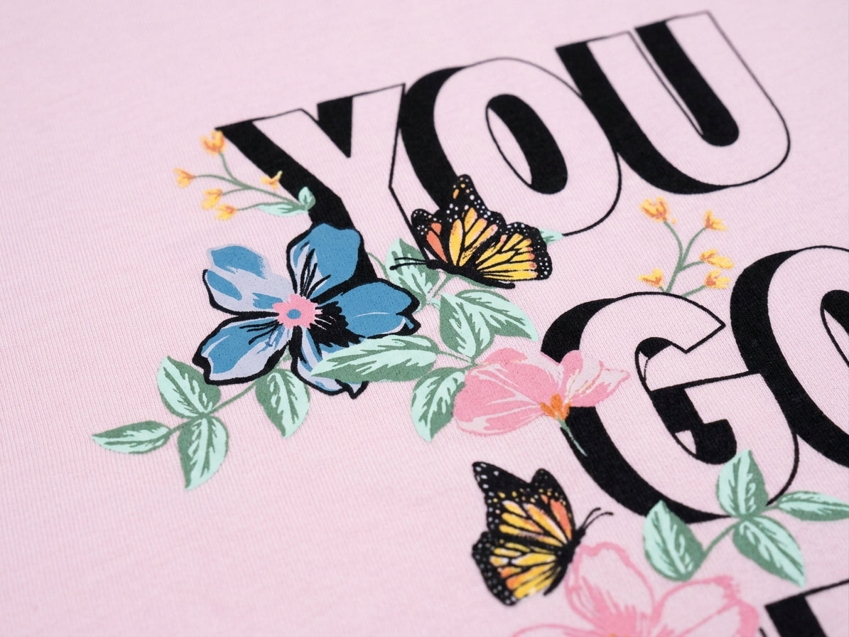 Premium Pink “You Go Girl” Floral Butterfly Graphic T-Shirt for Girls