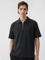 Quarter-Zip Ribbed Knit Polo Shirt in Charcoal