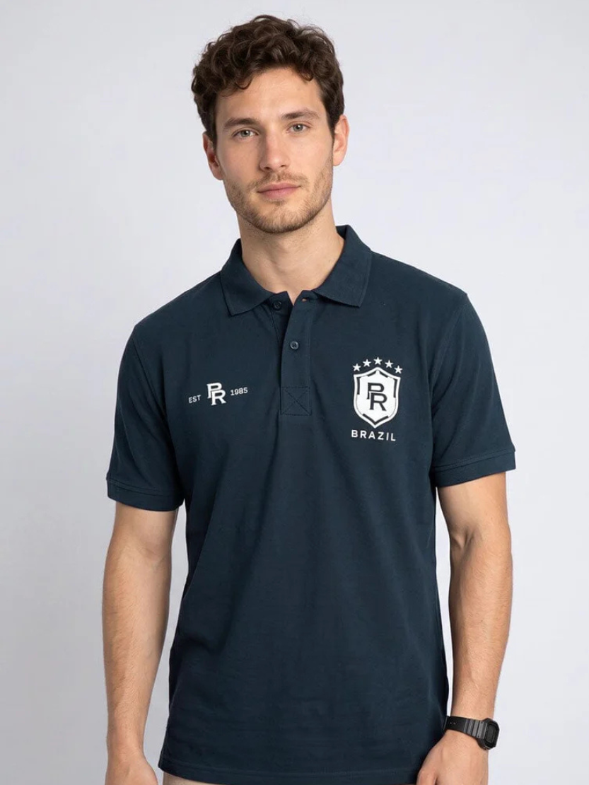 Easyhy 'BRAZIL' Football Heritage Polo Shirt, Navy/White"