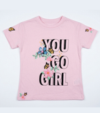 Premium Pink “You Go Girl” Floral Butterfly Graphic T-Shirt for Girls